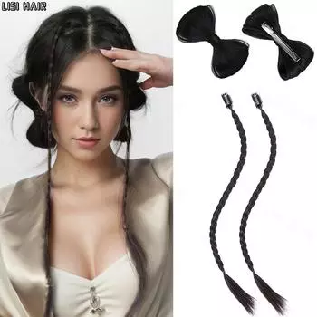 Синтетические 2 стиля MISSQUEEN, булочки с бантом, заколки для волос и длинный плетеный хвост, заколка для волос для женщин, вечерние косплей на каждый день 45cm