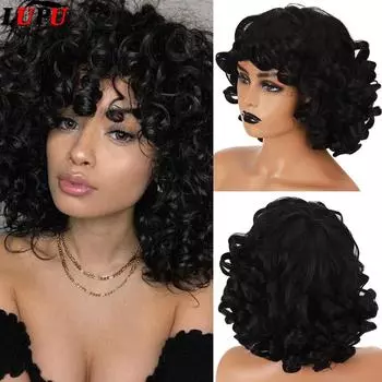 Синтетические афро-кудрявые вьющиеся парики LUPU с челкой для чернокожих женщин, африканские термостойкие парики с омбре, розовые, черные короткие волосы, парики для косплея 30CM