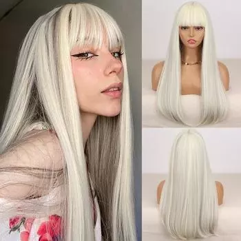 Синтетические длинные белые парики XINRAN с челкой, прямые парики для косплея с коричневыми бликами, натуральные искусственные волосы для женщин 28inches