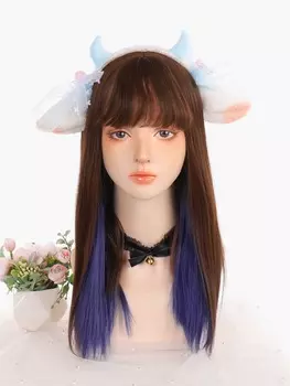 Синтетические длинные прямые волосы медового цвета, окрашенные в синий цвет, с челкой, парик, ободок без аксессуаров для волос 18inch