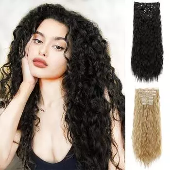 Синтетические длинные вьющиеся волнистые накладные волосы на клипсах для наращивания волос из высокотемпературного волокна для женщин 60cm