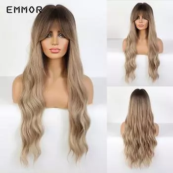 Синтетические длинные волнистые парики с челкой для женщин, косплей, натуральный омбре, от коричневого до светло-русого волос, парик из высокотемпературного волокна