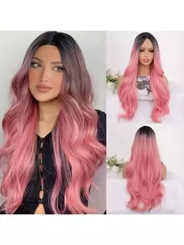 Синтетические длинные волнистые вьющиеся волосы 28 дюймов Омбре черного и розового цвета для женщин, парики для косплея на Хэллоуин с челкой, термостойкие волокнистые волосы для челки 28inch