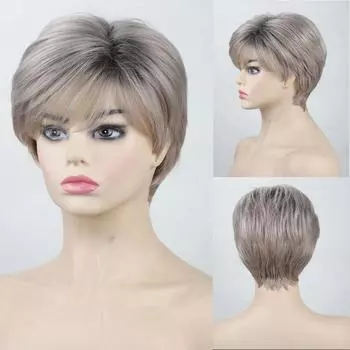 Синтетические короткие вьющиеся парики с темными корнями, женские смешанные черные, серебристо-серые парики с челкой для женщин, многослойные волосы, термостойкое волокно