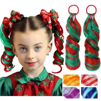 Синтетические красные и зеленые вьющиеся волосы для наращивания хвоста, эластичная резинка для плетения, наращивание волос для хвоста для девочек, вечерние косплей 1PC