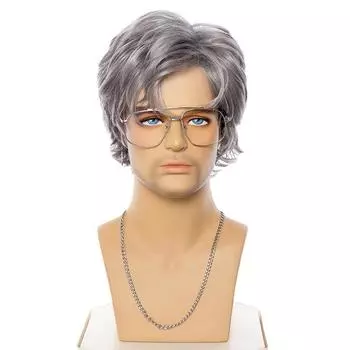 Синтетические мужские вьющиеся парики, короткие серебристо-серые парики с челкой, натуральные, повседневные подарки на Хэллоуин для косплея, парик из термостойкого волокна серый