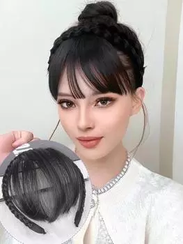 Синтетические накладные прямые волосы с челкой. Аккуратные плетеные завитки из жареного теста. Повязка на голову. Жаропрочная воздушная челка. Наращивание волос. Шиньоны. 5inch