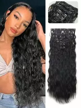 Синтетические накладные волосы 7 шт. 16 зажимов 22 дюйма зажимы черные накладные волосы для женщин толстый двойной уток волнистый мягкий парик из волос 22inch
