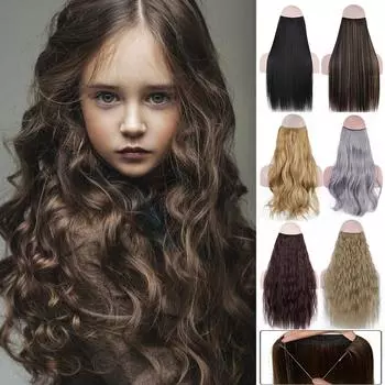 Синтетические наращивание волос с невидимой проволокой без зажима, прямые вьющиеся волосы на заколке, термостойкая накладная прическа, черно-коричневые накладные волосы