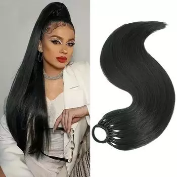 Синтетические наращивания хвоста на эластичной ленте, прямой наращивание хвоста для женщин, длинный прямой мягкий натуральный хвост 24 дюйма