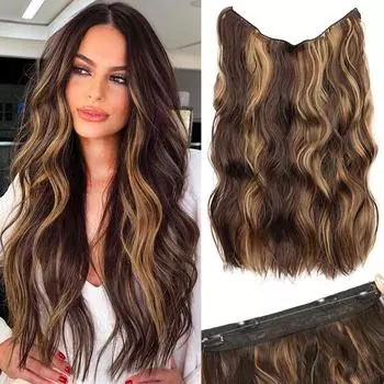 Синтетические невидимые накладные волосы с регулируемыми 4 зажимами, прозрачные кружевные черные накладные волосы, натуральные длинные волнистые волосы для женщин 50cm