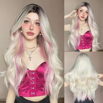 Синтетические парики блондинки с розовыми бликами, длинные, омбре, натуральные волнистые парики, средняя часть волос для вечеринок, ежедневное использование, термостойкое волокно