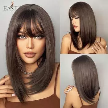Синтетические парики для женщин, темно-коричневые парики с челкой, многослойные парики для косплея, термостойкий повседневный парик средней длины