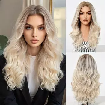 Синтетические парики Ombre Blonde, длинные волнистые парики с натуральными волосами средней части для повседневной вечеринки, мягкий парик с высокой температурой