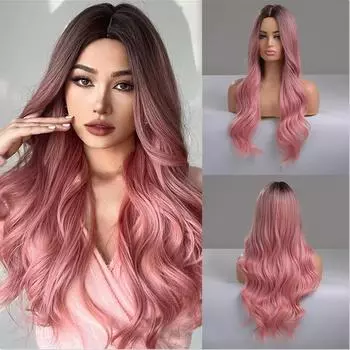 Синтетические парики Ombre Pink, средняя часть, длинный волнистый парик для девочек, женщин, вечеринок, косплея, термостойкие волокна, розовые парики