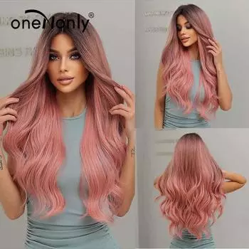 Синтетические парики oneNonly хорошего качества, длинные волны, черный, розовый парик, волосы для женщин, повседневные натуральные вечерние, косплей, термостойкое волокно LC022-1