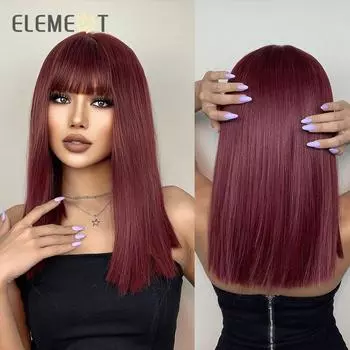 Синтетические парики, прямой, красное вино, средний парик для женщин с челкой, косплей, вечеринка в стиле Лолиты, необычная термостойкая повязка на голову для волос