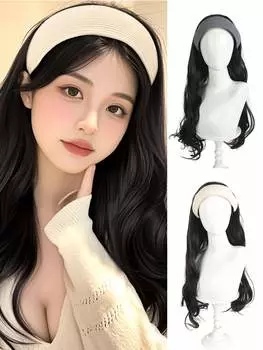 Синтетические парики с повязкой на голову, парики длиной 24 дюйма с вязаной серой или бежевой съемной повязкой на голову для девочек, парик из синтетических волокон для повседневного использования