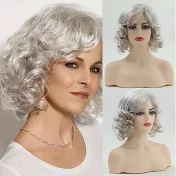 Синтетические серые светлые волнистые парики для женщин Короткие парики для мамы с челкой Пушистые кудри Парики Паулы Костюм Ежедневные парики из высокотемпературного волокна светлый