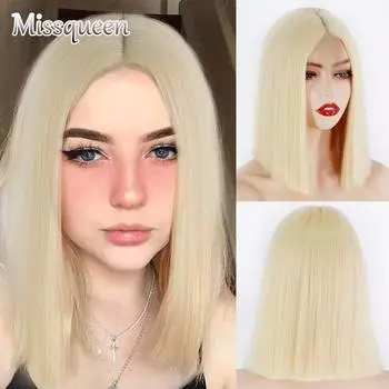 Синтетические светлые парики MISSQUEEN, короткие прямые парики боб для женщин, средняя часть, натуральные волосы золотого, красного, белого цвета для ежедневного использования 14inches&CN