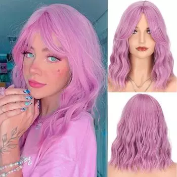 Синтетические волнистые парики Боб, 14 дюймов, средний парик для косплея с челкой, естественная линия волос, оранжевый, фиолетовый, розовый, синий парики для женщин 1b