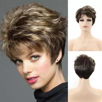 Синтетические волосы, короткие, смешанные, светлые, коричневые, парик, естественная волнистая челка, женский пушистый парик, термостойкое волокно, для повседневного использования, для вечеринок, косплея золотисто-коричневый