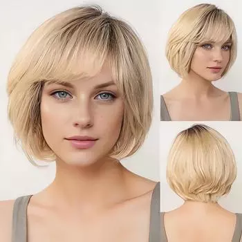 Синтетические волосы, короткий многослойный парик с челкой, волнистый, блонд, коричневый, красный, розовый, белый, женский, повседневный, для вечеринок, косплея, термостойкое волокно светлый