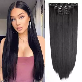 Синтетические волосы LISI HAIR, длинные прямые накладные волосы на заколке для женщин, 4 шт./компл., черные натуральные накладные волосы 55 cm
