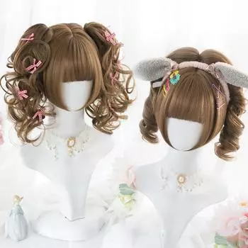 Синтетические волосы, розовые парики Лолиты, блондинка, черный, коричневый, двойной хвост, короткие вьющиеся волны, боб для женщин, парик для косплея