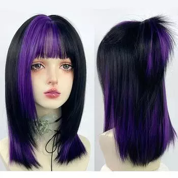 Синтетические женские парики Lolita Straight Ombre Black Highlighting Gradient Purple Color Short с челкой для косплея для женщин