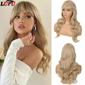 Синтетические женские парики LUPU, длинные вьющиеся волны, блондинка, парик с челкой, Лолита, косплей, вечерние, повседневные, термостойкие, черный, розовый парик из волос