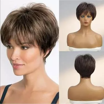 Синтетические женские вьющиеся натуральные золотисто-коричневые волосы короткие парики с челкой для повседневного использования, вечеринки, косплея, термостойкое волокно коричневый