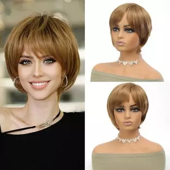 Синтетические золотые парики с челкой, парик боб, натуральные прямые светлые коричневые волосы для женщин, повседневный парик для косплея, термостойкое волокно света блондинка