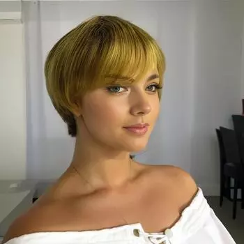 Синтетические золотые парики с челкой, парик боб, натуральные короткие прямые светлые волосы для женщин, повседневный парик для косплея, термостойкое волокно светлый