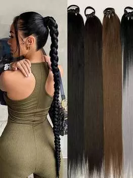 Синтетический 28-дюймовый плетеный хвост, длинный прямой хвост с резинкой, плетеный хвост для женщин. Повседневное использование. 28inch