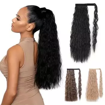 Синтетический длинный кукурузный кудрявый хвостик черный парик обертывание вокруг накладных волос для женщин ежедневное использование 55cm