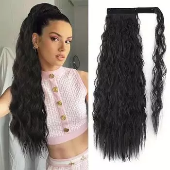 Синтетический длинный кукурузный кудрявый конский хвост наращивание черный парик обертывание вокруг клипсы в конский хвост парик для женщин повседневная одежда 55cm