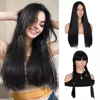 Синтетический длинный прямой черный парик с двойной косой, термостойкие волосы для женщин, для повседневного использования в косплее 60cm