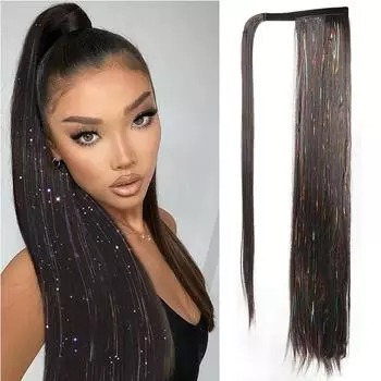 Синтетический длинный прямой хвост, смешанная мишура, накидка для волос, наращивание хвостов, на клипсе, искусственные накладные шиньоны для женщин