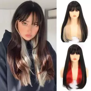 Синтетический длинный прямой парик с цветными блоками, женские повседневные парики для косплея, термостойкие накладные волосы, коричневый, черный, красный, серый парик