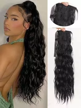 Синтетический длинный волнистый хвост из кукурузы на шнуровке, термостойкий волнистый хвост, черный накладной волос для женщин 22inch