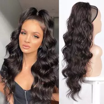 Синтетический длинный волнистый хвостик, синтетический хвостик на завязке, черный волнистый хвостик для женщин