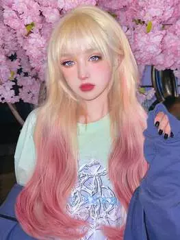 Синтетический длинный волнистый парик 26 дюймов Ombre Gold to Pink для женщин Косплей Хэллоуин парики с челкой Термостойкие волокна челка волосы 26inch
