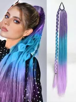 Синтетический градиентный многоцветный длинный прямой конский хвост с резинкой и металлической проволокой цветной 28-дюймовый конский хвост для ежедневного использования 28inch