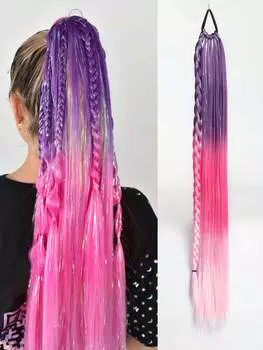 Синтетический градиентный многоцветный длинный прямой конский хвост с резинкой и металлической проволокой цветной 28-дюймовый конский хвост для ежедневного использования 28inch
