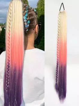 Синтетический градиентный многоцветный длинный прямой конский хвост с резинкой и металлической проволокой цветной 28-дюймовый конский хвост для ежедневного использования 28inch