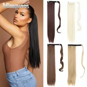 Синтетический хвост MISSQUEEN, длинный прямой хвост 22 34 дюйма для женщин, черный шиньон 55 cm