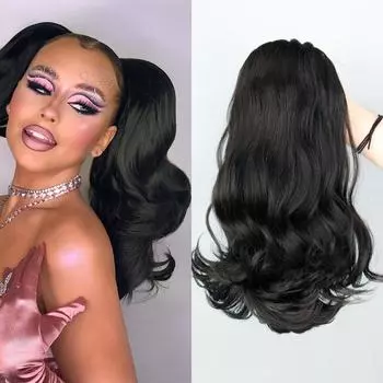 Синтетический хвост XINRAN на шнурке с 2 зажимами, волнистый хвост для наращивания волос, натуральный черный шиньон для женщин 45cm