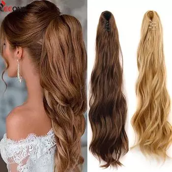 Синтетический хвостик на зажиме для наращивания, 22 дюйма, вьющиеся волнистые конские хвосты, длинный конский хвост на клипсе, шиньон для женщин, темно-коричневый