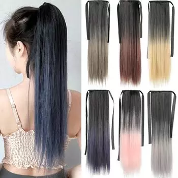 Синтетический конский хвост, длинный прямой конский хвост, накладные волосы, термостойкий конский хвост, черный градиент, серый для женщин